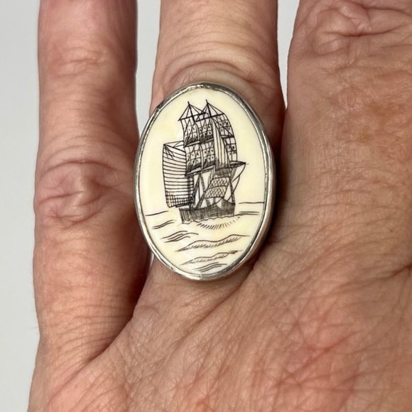 Faux Scrimshaw Silver Women's Ring with Whaling Boat Image - Size 8.5 - Picture 10 of 12